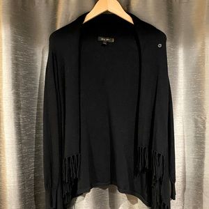 Versona cowl neck fringe trimmed black cardigan